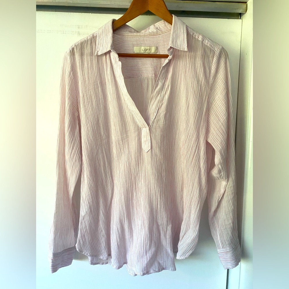 LOFT Pink stripe lightweight cotton gauze V-neck shirt
